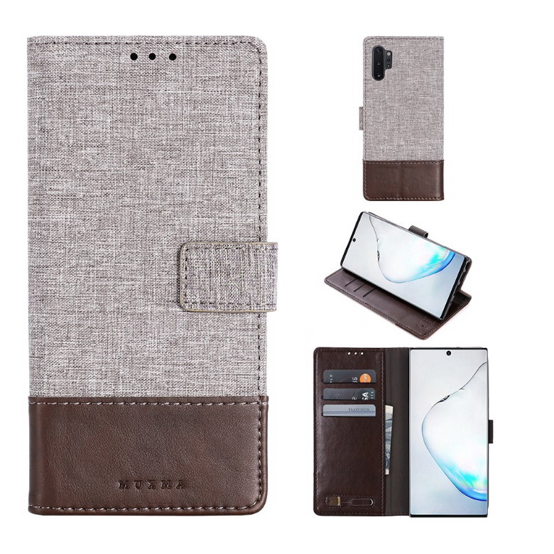 เคส Samsung Galaxy Note 10+ #เคสแบบฝาพับ MUXMA หนัง PU ออกแบบสีทูโทนตัดลายผ้า Canvas Splicing