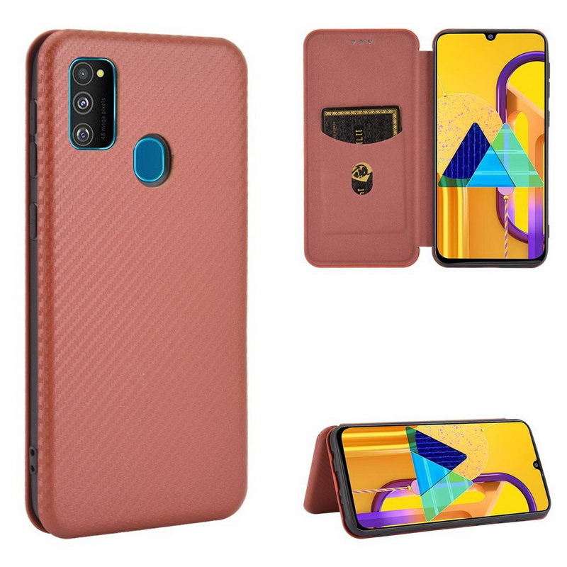 เคส Samsung Galaxy M21 #เคสฝาพับลายคาร์บอนไฟเบอร์มีช่องใส่การ์ด Carbon Fiber Wallet Card Slot Magnet Stand Phone Cover