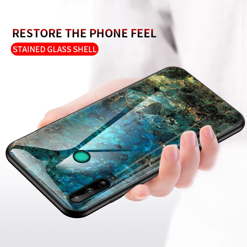 Case Huawei Y7p #เคสฝาหลัง Gradient Color ลายหินอ่อน Glass + PC + TPU Hybrid Case
