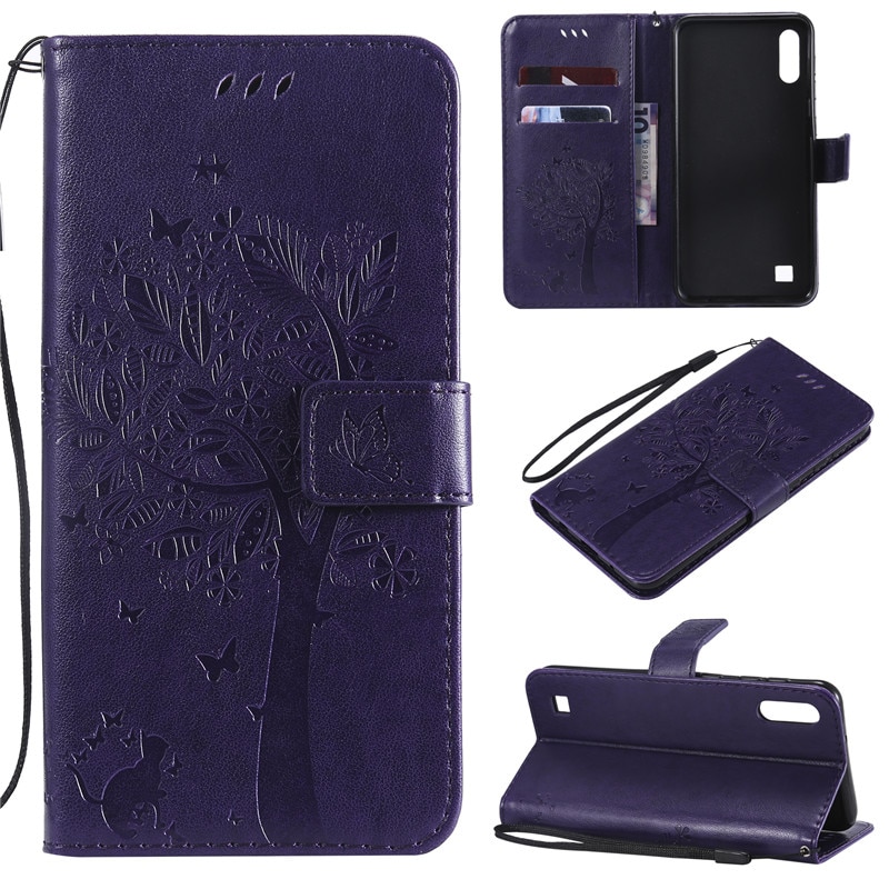 Case Samsung Galaxy A10 #เคสฝาพับหนัง PU พิมพ์ลาย Imprint Cat and Tree Pattern Leather Protection Cover