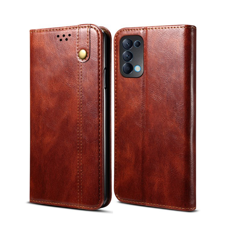 เคส OPPO Reno 5 Pro 5G #เคสแบบฝาพับหนัง PU ผิวหนังม้า Waxy Crazy Horse Texture TPU + PU Leather Case Cover