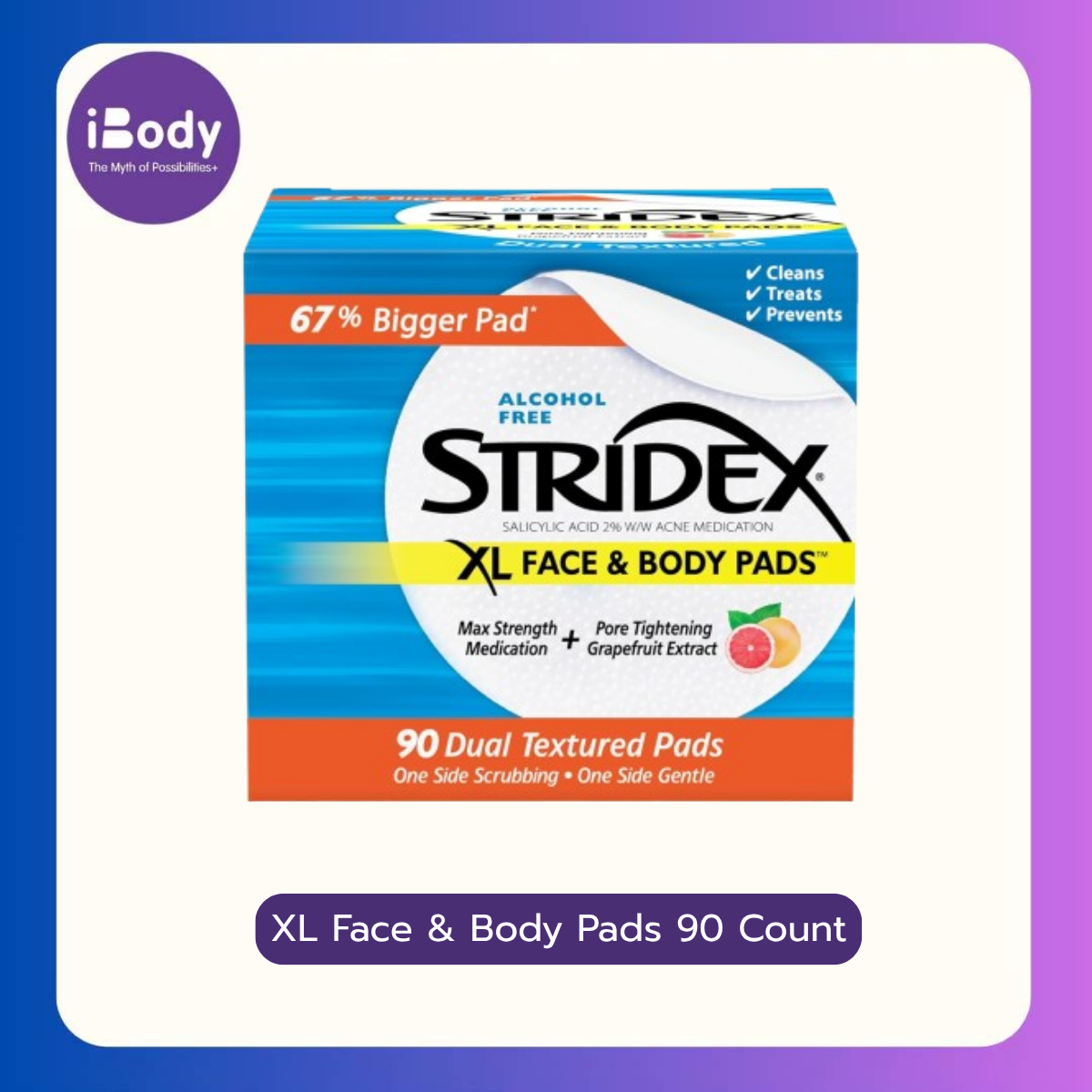 (Pre Order) Stridex® XL Face & Body Pads 90 Count แผ่นเช็ดทำความสะอาดใบหน้าและร่างกาย ขนาดใหญ่ ลดการเกิดสิว