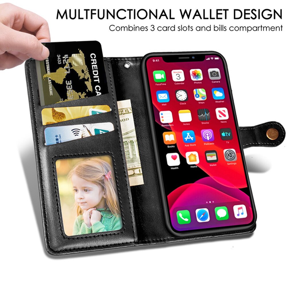 Case iPhone 11 6.1 inch #เคสฝาพับแถบปิดแม่เหล็กพับตั้งได้ Magnetic Closure Wallet Lanyard Leather