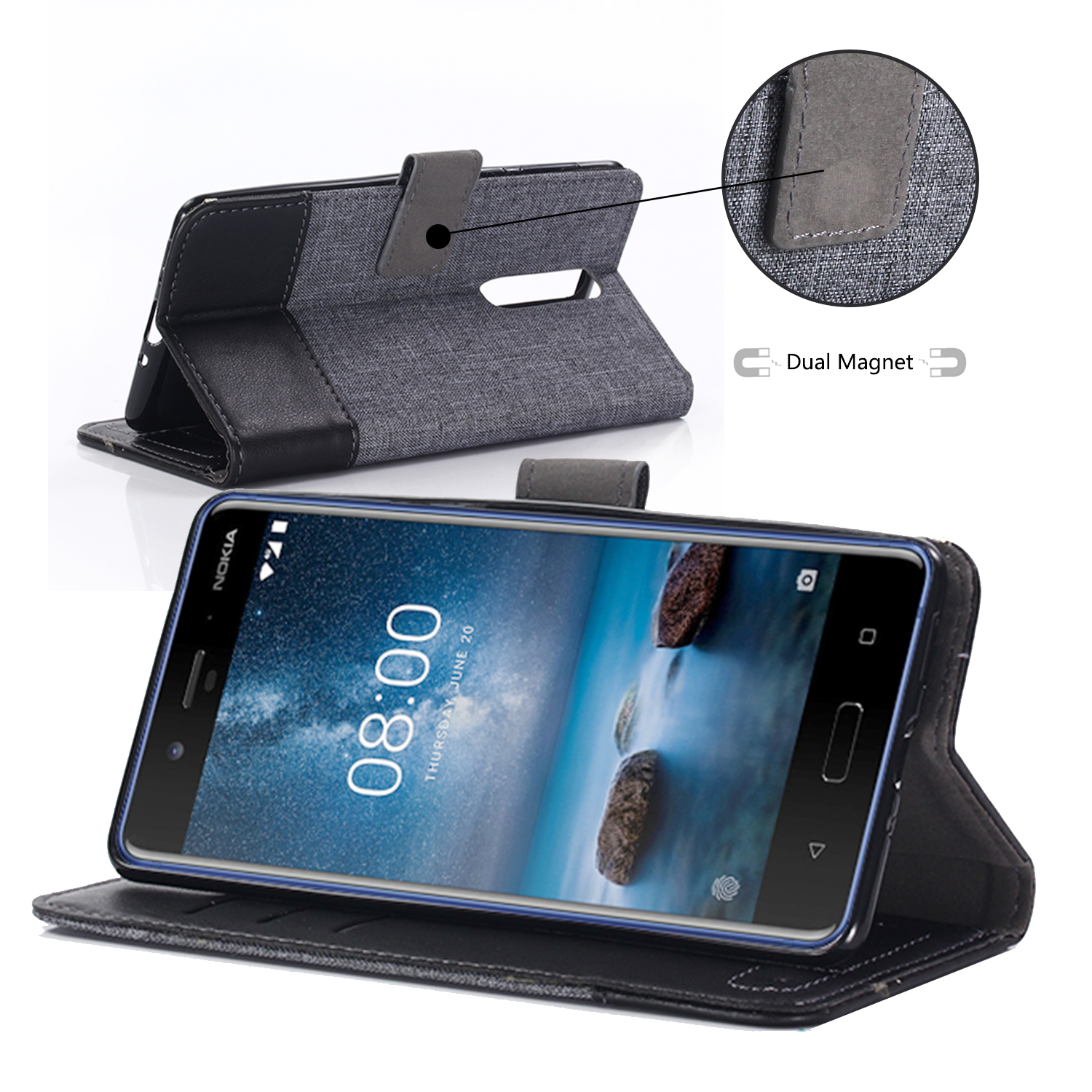 Case Nokia 8 MUXMA Splicing #เคสฝาพับหนัง PU หนัง+ผ้าใบ แบบกระเป๋าสตางค์คุณภาพดีราคาเบาๆ