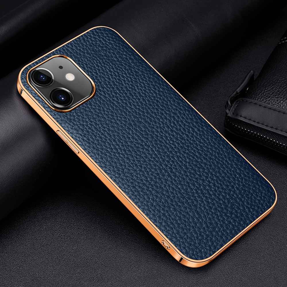 Case iPhone 14#เคสฝาหลังหนังแท้ผิวลิ้นจี่ขอบเงา Luxury genuine leather case with plated ed