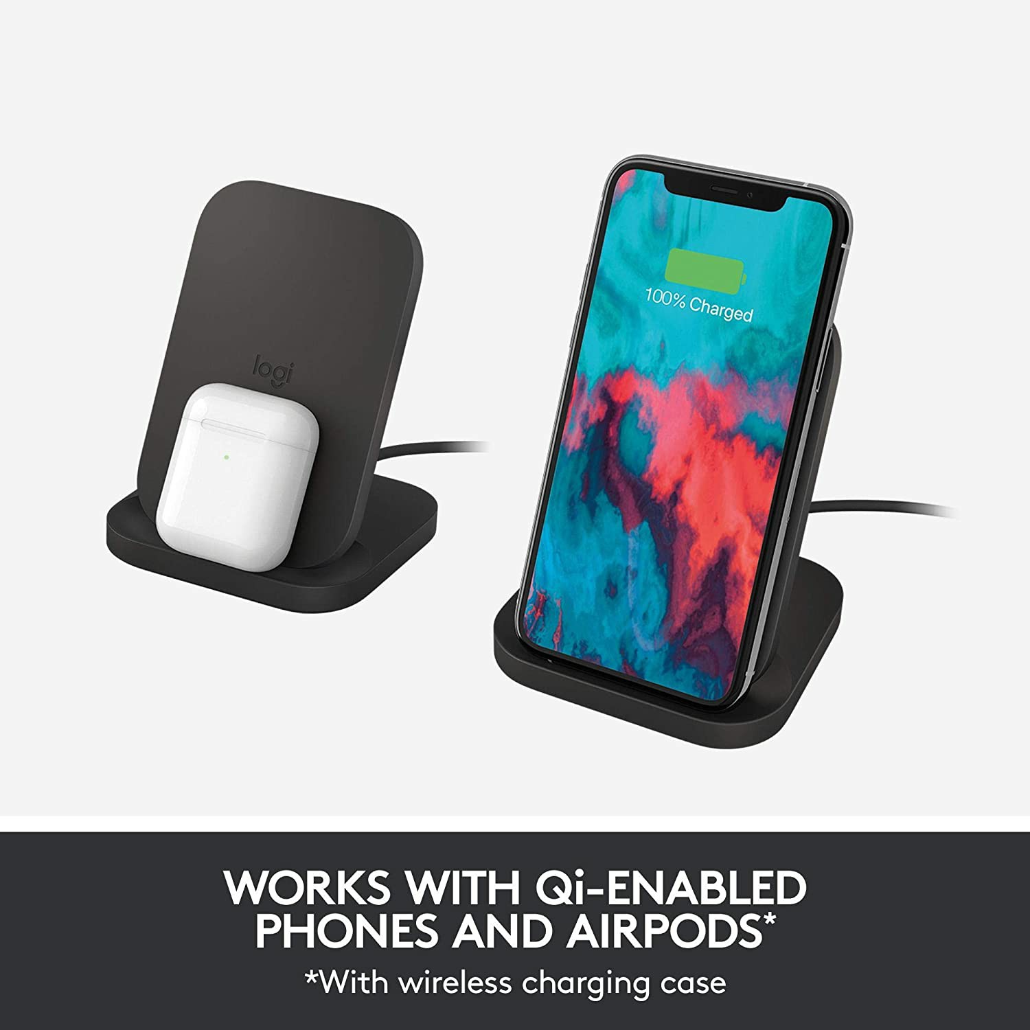 Logitech® Powered 10W Wireless Charging Stand For Phones and AirPods โลจิเทค แท่นชาร์จไร้สาย รองรับอุปกรณ์มาตรฐาน Qi