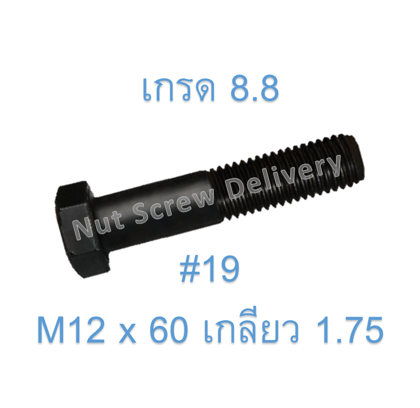 สกรูหัวเหลี่ยมมิลดำ M12 x 60 (เกลียว 1.75) ขอบ #19 เกรด 8.8