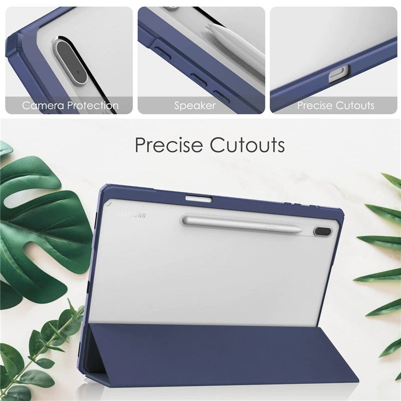 เคส Samsung Galaxy Tab S7 FE 12.4"(T730,T736) #เคสฝาพับปกหนัง PU แบบ 3 พับด้านหลังใส พับตั้งได้มีช่องใส่ปากกา Leather Tri-fold Stand Shell Cover with Auto Sleep
