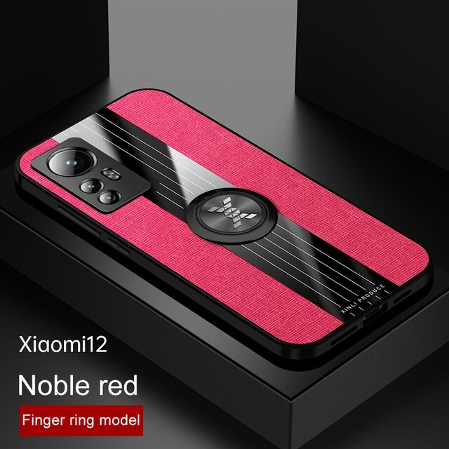 เคส Xiaomi 12 #เคสฝาหลังเคลือบผ้าเนื้อมีแหวนสวมนิ้ว TPU ไฮบริด+อะคริลิ + แหวนโลหะ [ในตัวแผ่นโลหะแม่เหล็ก] Fashion Woven Cloth Casing Finger Ring Holder Back Case