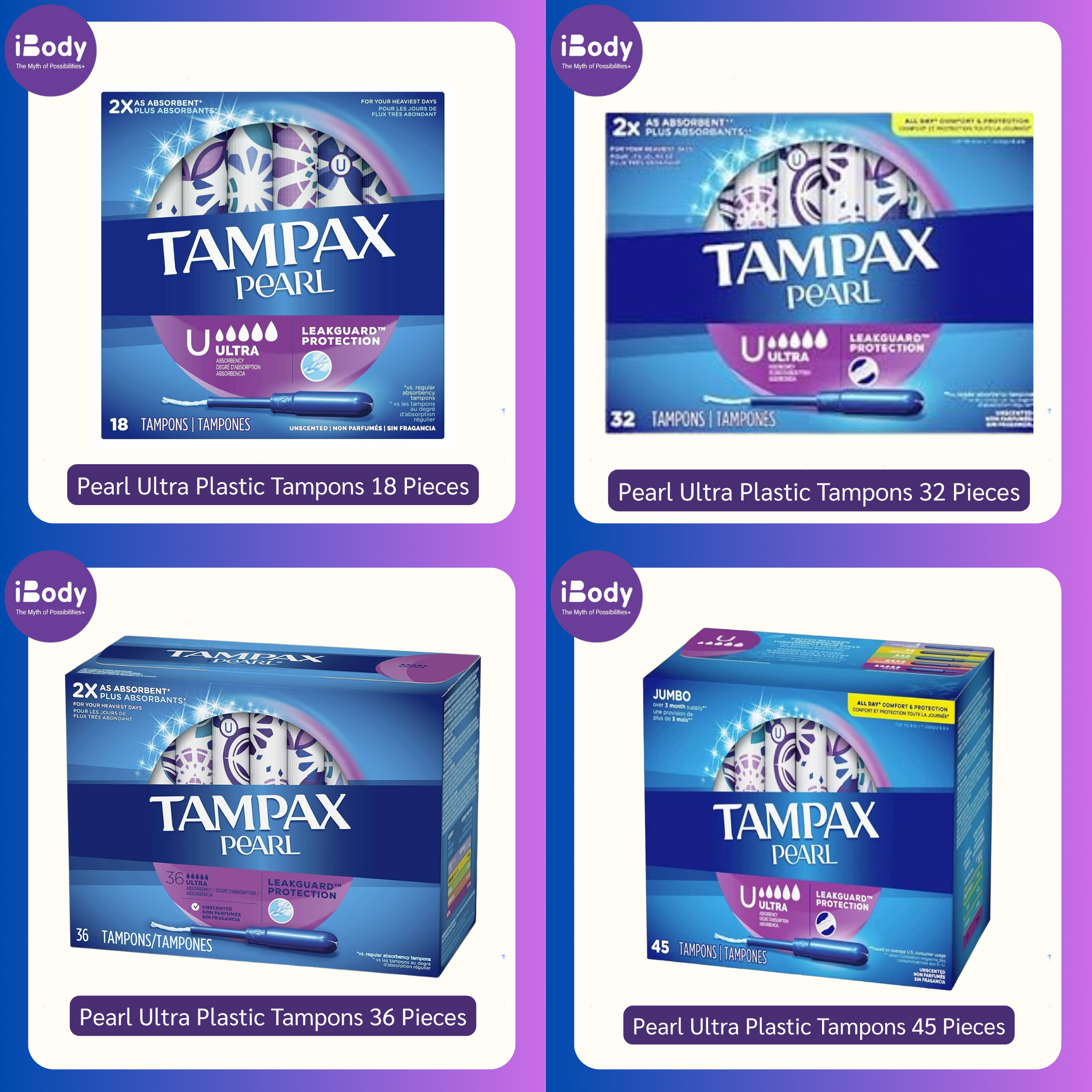 (Tampax®) Pearl Ultra Plastic Tampons 18, 32, 36, 45 or 60 Pieces ผ้าอนามัยแบบสอด เหมาะกับวันมามาก