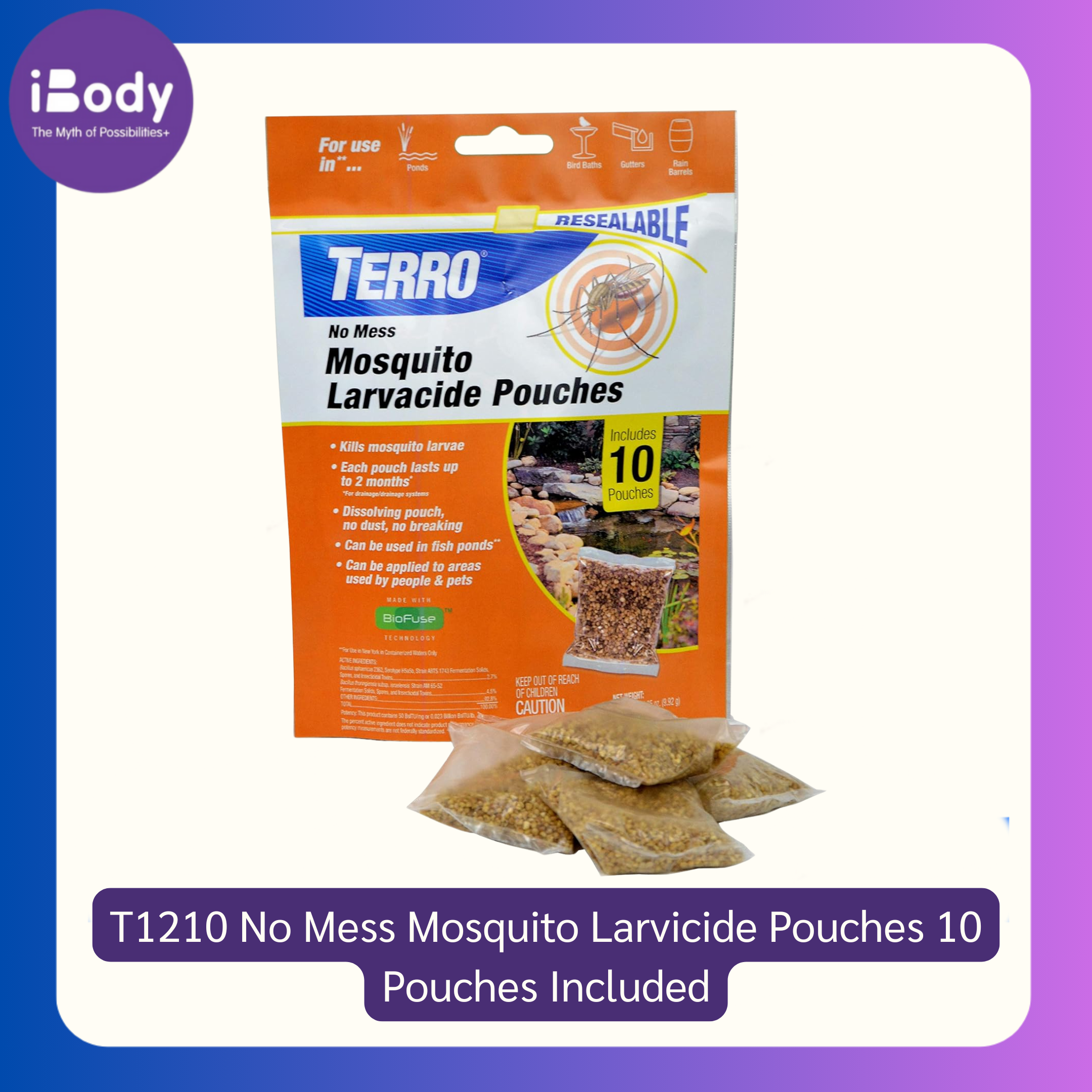 ผลิตภัณฑ์ กำจัดลูกน้ำยุงลาย ในน้ำนิ่ง T1210 No Mess Mosquito Larvicide Pouches 10 Pouches Included (Terro®)