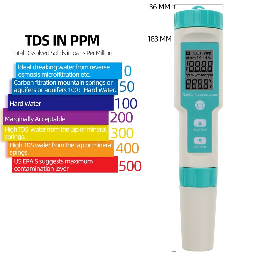 7 in 1 PH TDS EC Salinity ORP S. IP67 Water Quality Tester