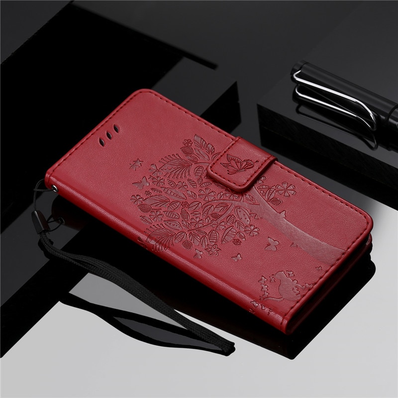 Case Xiaomi Mi 9 SE #เคสฝาพับหนัง PU พิมพ์ลาย Imprint Cat and Tree Pattern Leather Protection Cover