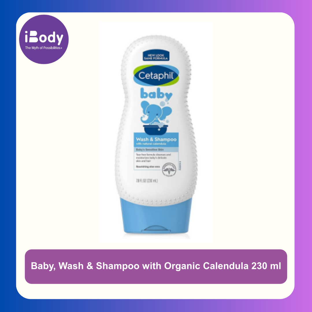 Cetaphil® Baby, Wash & Shampoo with Organic Calendula 230ml ครีมอาบน้ำและแชมพูสำหรับเด็กและทารก ปราศจากน้ำตา ปลอดสารก่อภูมิแพ้ ผสมสารสกัดจากดอกดาวเรืองออแกนิค อ่อนโยนกับทารก