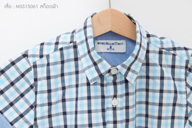 เสื้อเชิ้ตแขนสั้น ลายสก็อตฟ้า สำหรับเด็ก