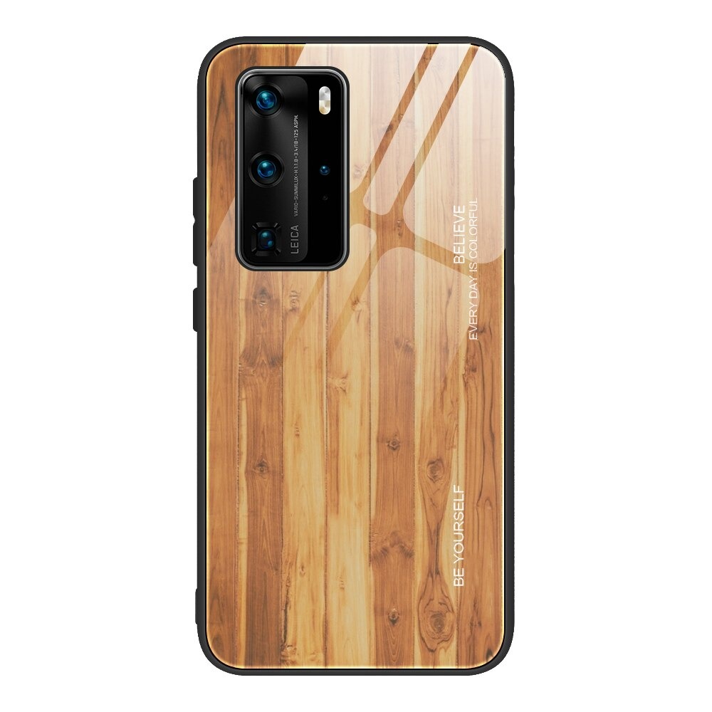 Case Huawei P40 Pro Plus #เคสฝาหลังกระจกลายผิวไม้ Case Hard Tempered glass Wood grain protect Back Cover