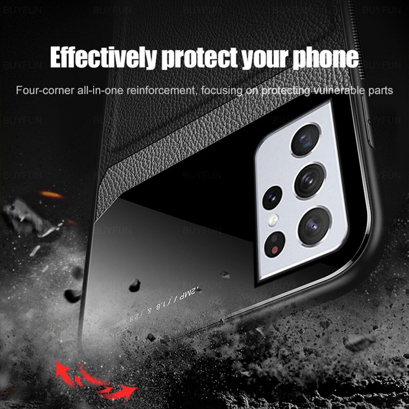 เคส Samsung Galaxy S21 Ultra 5G #เคสฝาหลังไฮบริด PU +TPU + glass สีทูโทน Shockproof Leather Mirror Glass Silicone Phone Back Cover