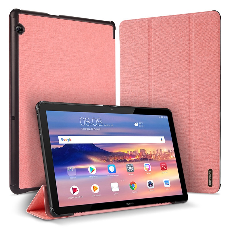 Case Huawei MediaPad T5 10 #เคสแบบฝาพับผิวเนื้อผ้า DUXDUCIS Domo Series Cloth Texture Tri-fold Stand PU Leather Smart Flip Case