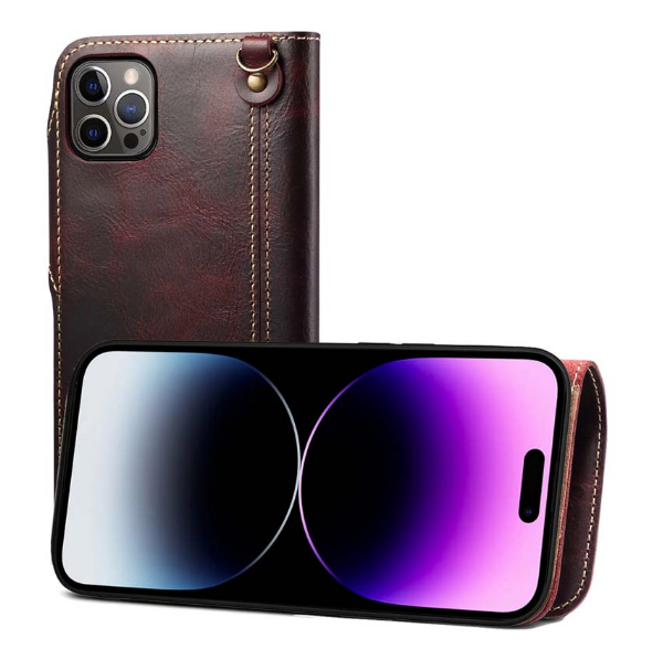 Case iphone 15 pro max#เคสฝาพับหนังแท้พร้อมสายคล้อง Genuine Wallet Leather Phone Cover with Lanyard