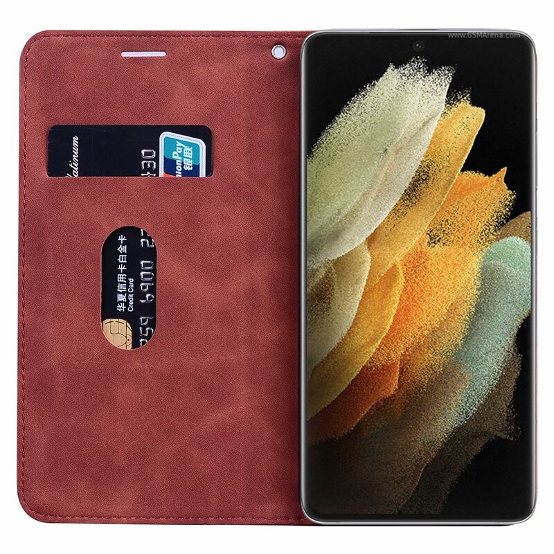 เคส Samsung Galaxy S21 Ultra 5G #เคสฝาพับแบบกระเป๋าสตางค์ Magnetic Flip Wallet Bracket Leather Lattice TPU Phone Case