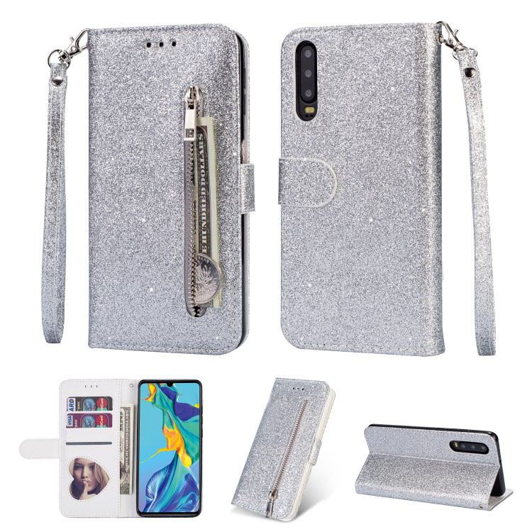 เคส Huawei P30 #เคสฝาพับแบบกระเป๋าเงินหนังกลิตเตอร์ พร้อมสายรัด Glitter Powder Zippered Stand Leather Wallet Case with Strap