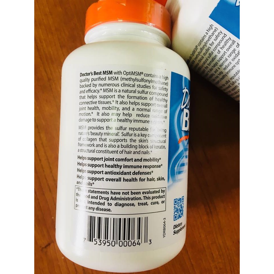 Doctor's Best® MSM with OptiMSM, The World's Purest MSM 1,000mg 180 Capsules บำรุงข้อต่อและเอ็น เพื่อผมผิวเล็บแข็งแรง