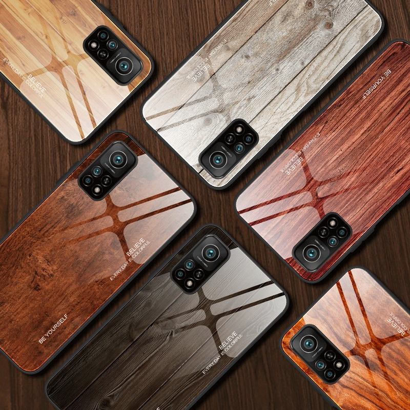 เคส Xiaomi Mi 10T Pro #เคสฝาหลังกระจกลายผิวไม้ Case Hard Tempered glass Wood grain protect Back Cover