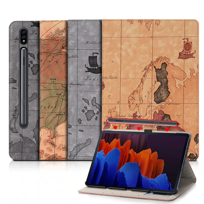 เคส Samsung Galaxy Tab S8+ 5G 12.4" #เคสฝาพับหนัง PU พิมพ์รูปแบบแผนที่ Map Pattern Stand Wallet Leather