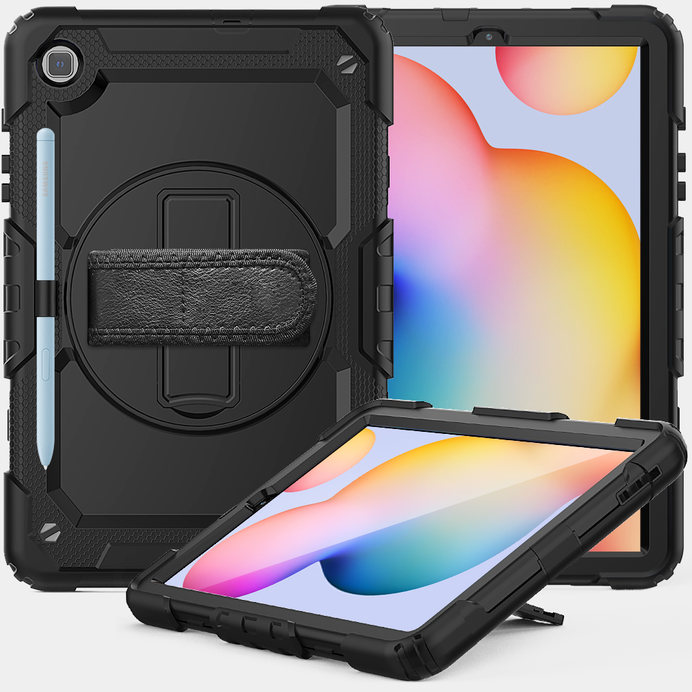 เคส Samsung Galaxy Tab S6 Lite 10.4 SM-P610 P615 P617 #เคสฝาหลังมีสายรัดสวมมือ มีสายคล้องไหล่ 3 Layer Silicon Plastic Stand cover with strap