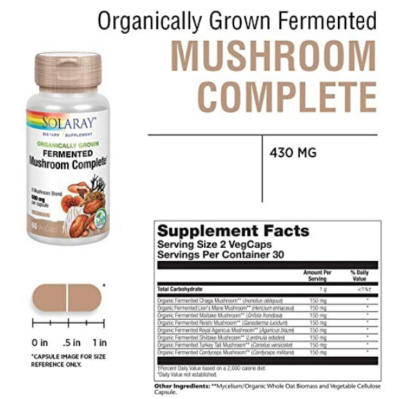 สารสกัดจากเห็ดรวม 8 ชนิด Organically Grown Fermented Mushroom Complete 600 mg 60 VegCaps (Solaray®)