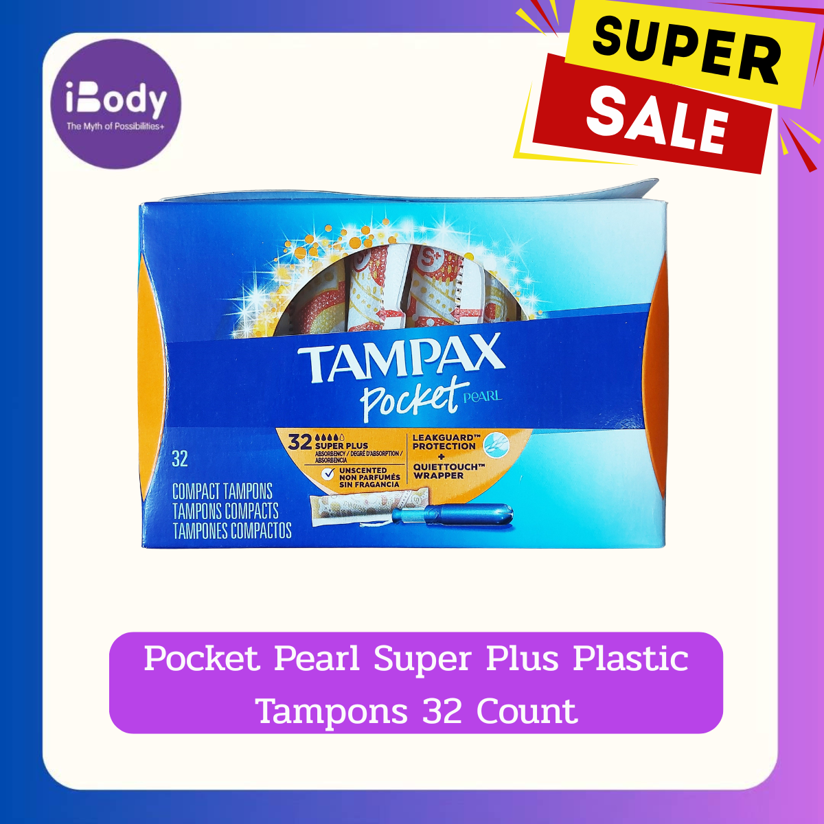 (Tampax®) Pocket Pearl Super+ Plastic Tampons 5, 10, 16, 32 Count ผ้าอนามัยแบบสอด ขนาดเล็ก สำหรับวันมามาก