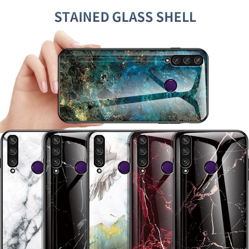 เคส Huawei Y7p #เคสฝาหลัง Gradient Color ลายหินอ่อน Glass + PC + TPU Hybrid Case