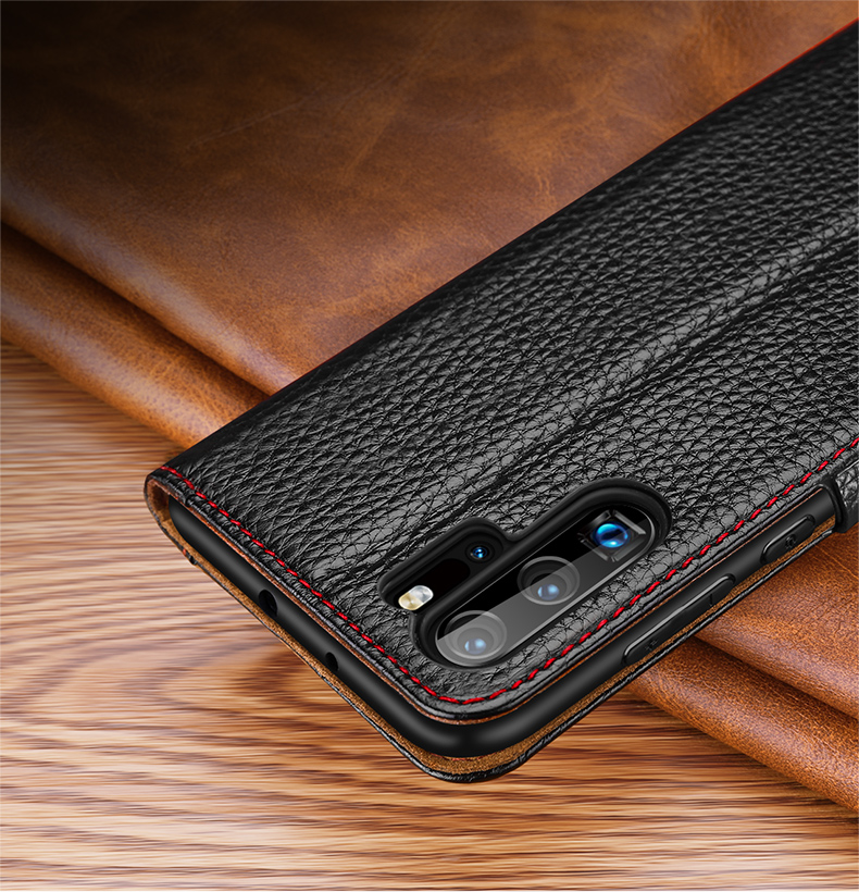 Case Huawei P30 Pro #เคสฝาพับหนังแท้ผิวลิ้นจี่มีช่องวิวแนวยาวด้านข้าง Smart View Window Litchi Texture Genuine Leather