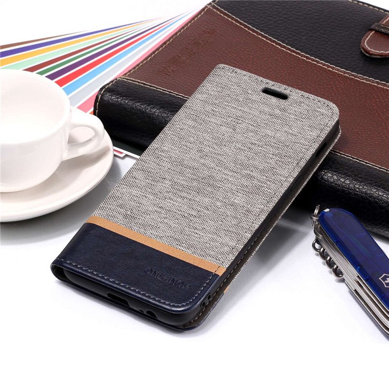 Case Samsung Galaxy J8 (2018) #เคสฝาพับหนัง PU ผิวเคลือบ Cloth Texture Splicing PU Leather