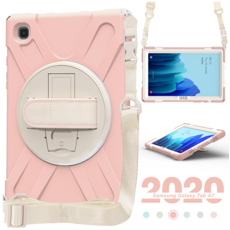 เคส Samsung Galaxy Tab A7 10.4" 2020 (T500,T505,T507) #เคสฝาหลังกันกระแทก Hand Band Strap 360 Degree Swivel Kickstand Design PC + Silicone Hybrid Tablet Case with Shoulder Strap ที่สวมมือพร้อมสายคล้องไหล่