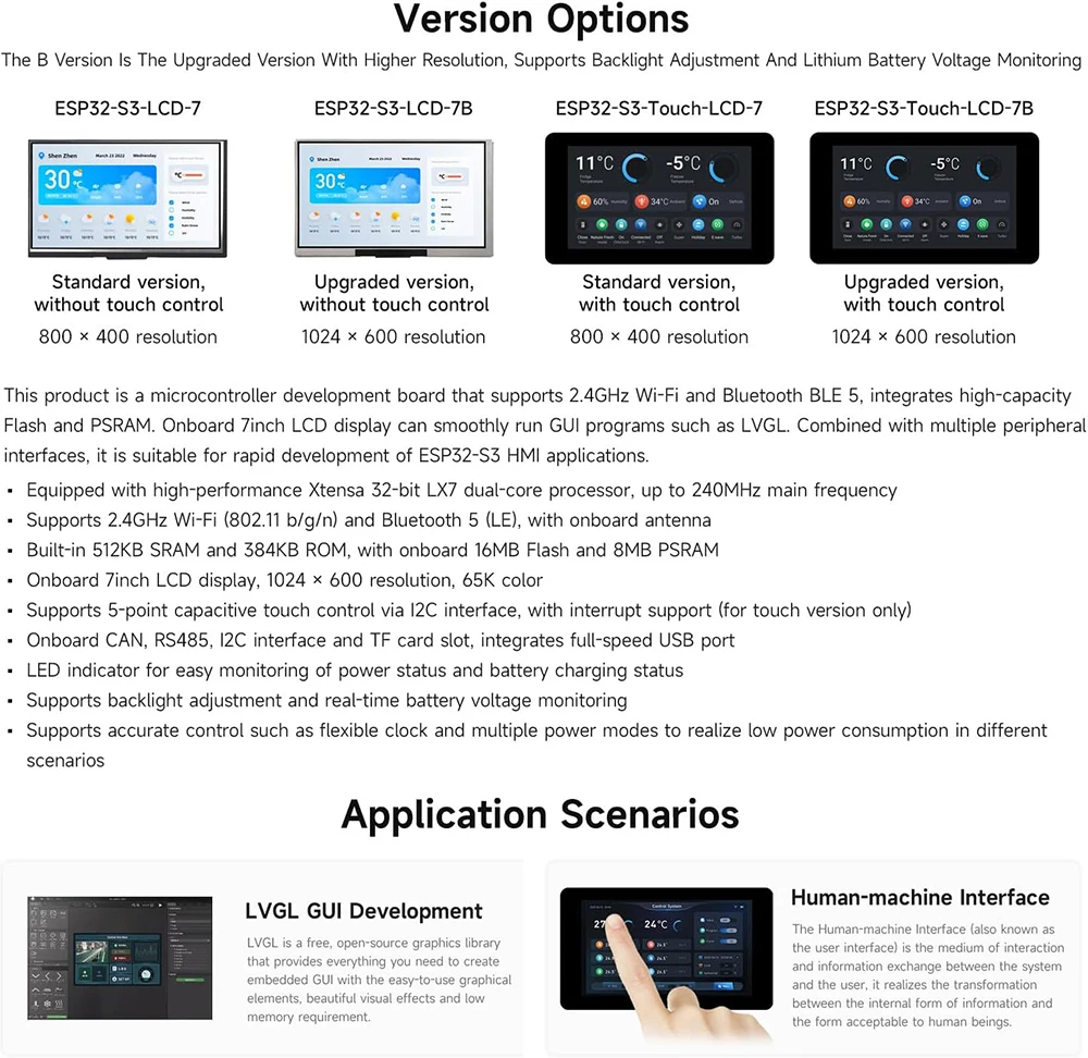 Waveshare ESP32-S3 7.0 นิ้ว 1024x600 LCD Development Board ESP32 จอแสดงผลหน้าจอสัมผัส LVGL GUI สําหรับ Arduino