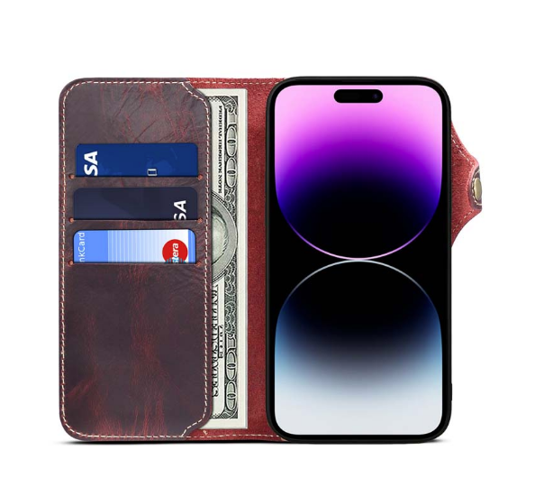 Case iPhone 13 #เคสฝาพับหนังแท้พร้อมสายคล้อง Genuine Wallet Leather Phone Cover with Lanyard