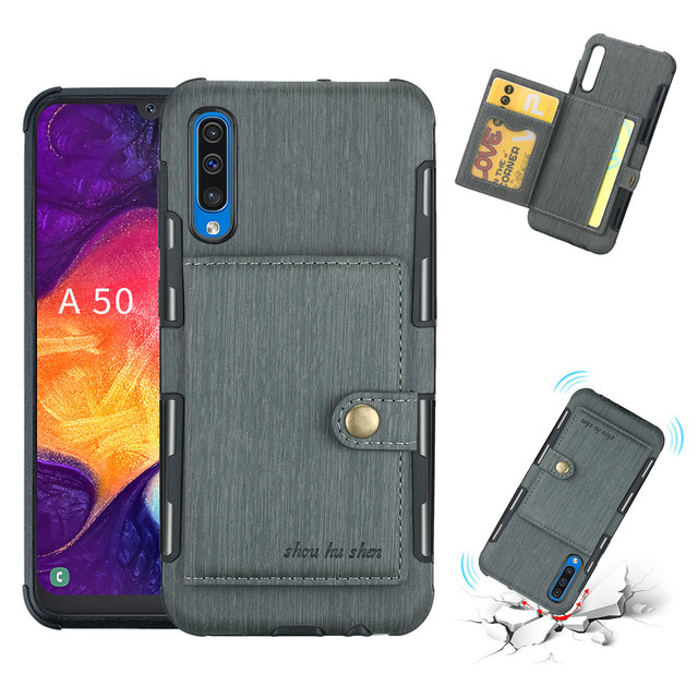 เคส Samsung Galaxy A50 / A50s / A30s #เคสฝาหลังพลาสติกเคลือบหนัง PU มีช่องใส่การ์ดพับได้ Brushed Card Slots PU Leather Coated Hard PC Casing
