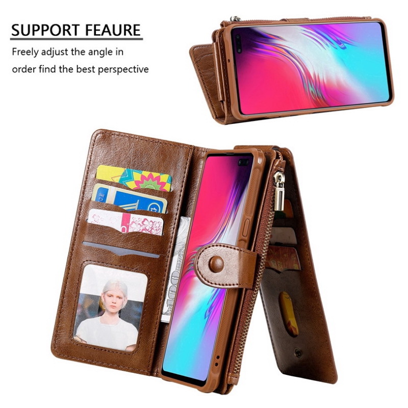 Case Samsung Galaxy S10+ #เคสฝาพับแบบแยกส่วนสไตล์กระเป๋าสตางค์มีช่องใส่บัตรหลายช่อง Multi-slot Zippered Luxury Flip Stand Card Leather Wallet Cover Separable Case Cover