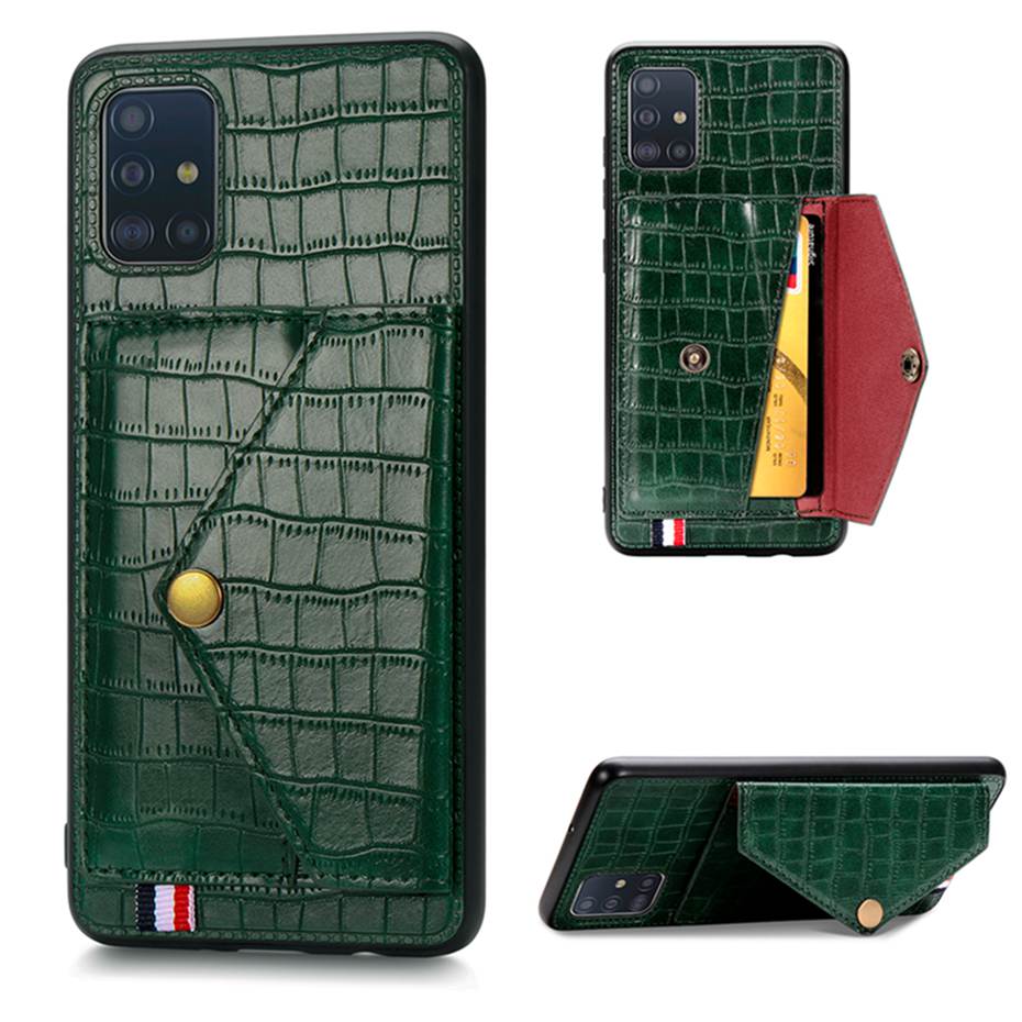เคส Samsung Galaxy A51 #เคสฝาหลังมีที่วางนามบัตร TPU เคลือบ หนัง PU ผิวหนังจระเข้มีที่เก็บบัตร Crocodile Texture Card Holder Stand PU Leather Coated TPU