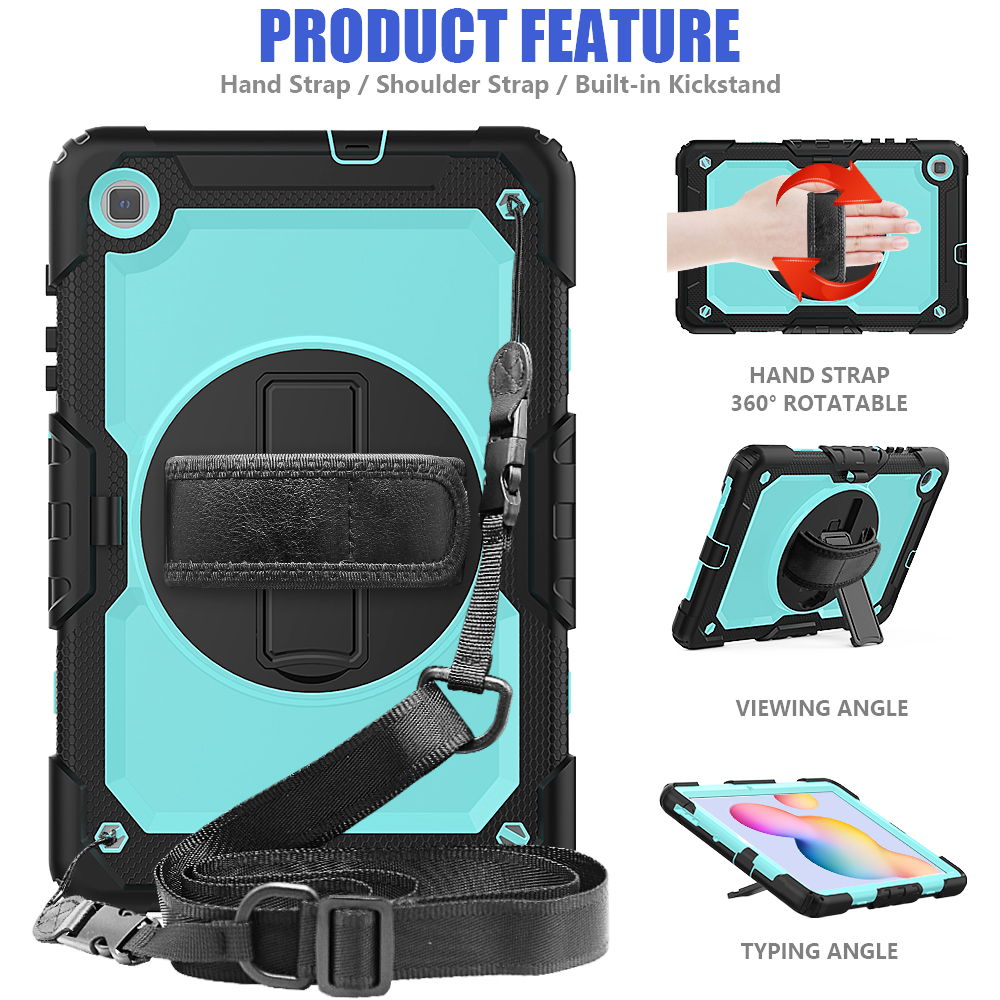เคส Samsung Galaxy Tab S6 Lite 10.4 SM-P610 P615 P617 #เคสฝาหลังมีสายรัดสวมมือ มีสายคล้องไหล่ 3 Layer Silicon Plastic Stand cover with strap