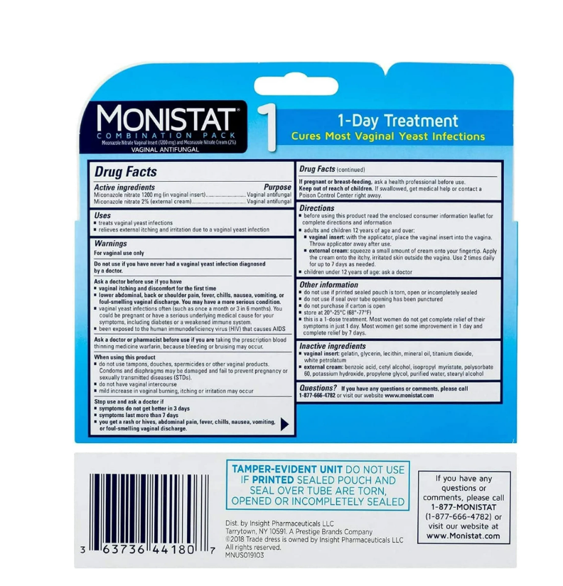 Monistat® 1-Day Treatment Combination Pack, Day or Nigth OVULE Yeast Infection 1 OVULE 9g (Tube) ตกขาว คัน เชื้อรา