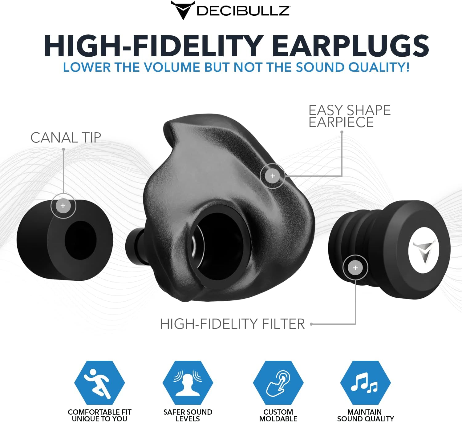 Decibullz® Custom Molded High Fidelity Earplugs ที่อุดหู กันเสียง แบบใช้ซ้ำ สำหรับคอนเสิร์ต นักดนตรี และความไวต่อเสียง