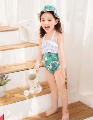 ชุดว่ายน้ำเด็ก OnePiece สีเขียวลายใบไม้ พร้อมหมวก
