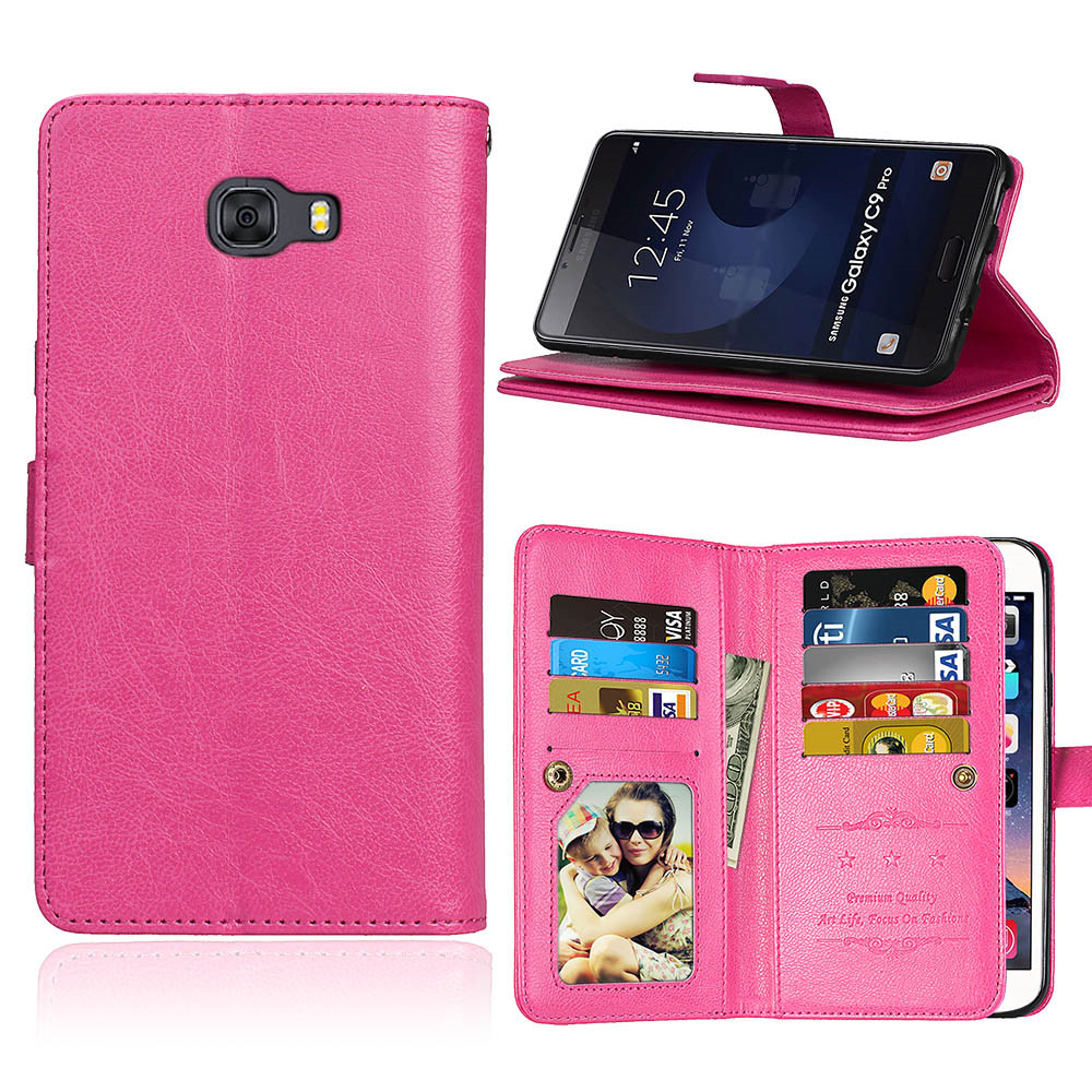 เคส Samsung Galaxy C9 Pro #เคสฝาพับผิวหนังม้าแบบกระเป๋าสตางค์ PU Folio มีช่องใส่บัตรถึง 9 ช่อง