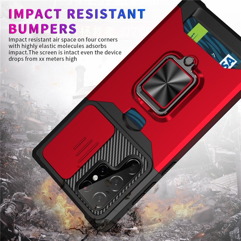 เคส Samsung Galaxy S22 Ultra 5G #เคสฝาหลังกันกระแทก Hybrid Case มัลติฟังก์ชั่นมีแหวนสวมนิ้วแผ่นสไลด์ปิดเลนส์กล้องได้