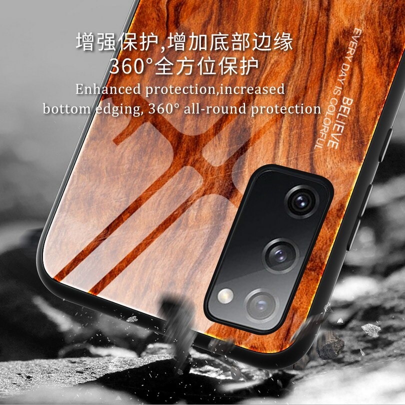 Case Samsung Galaxy S20 FE/S20 FE 5G #เคสฝาหลังกระจกลายผิวไม้ Case Hard Tempered glass Wood grain protect Back Cover