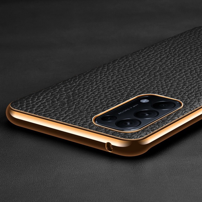 เคส OPPO Reno 5 Pro 5G #เคสฝาหลังหนังแท้ผิวลิ้นจี่ขอบเงา Luxury genuine leather case with plated edges
