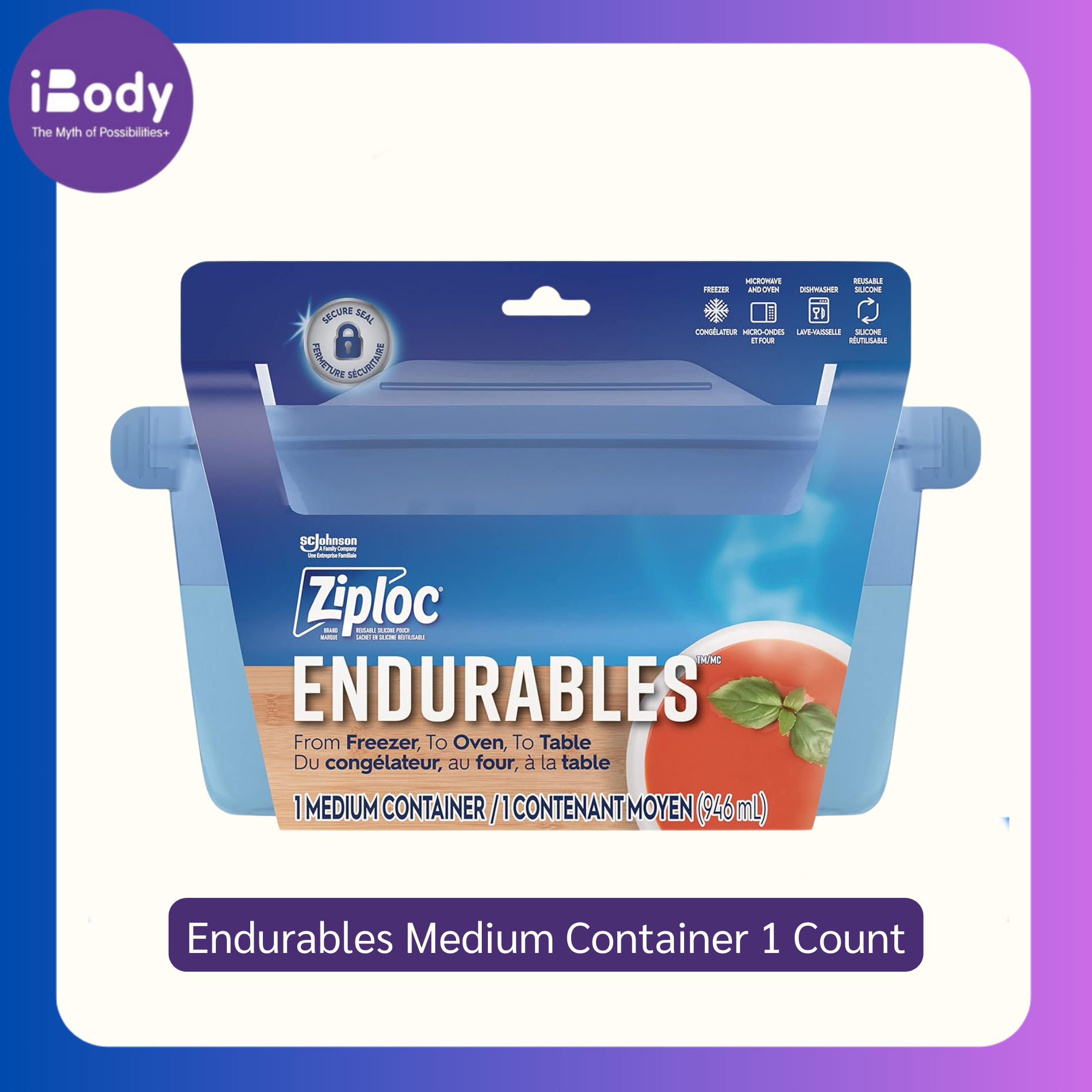 Ziploc® Endurables Medium Container 1 Count ถุงซิปล็อคแบบซิลิโคนถนอมอาหาร เข้าไมโคเวฟได้ ใช้ซ้ำได้ ถุงอเนกประสงค์