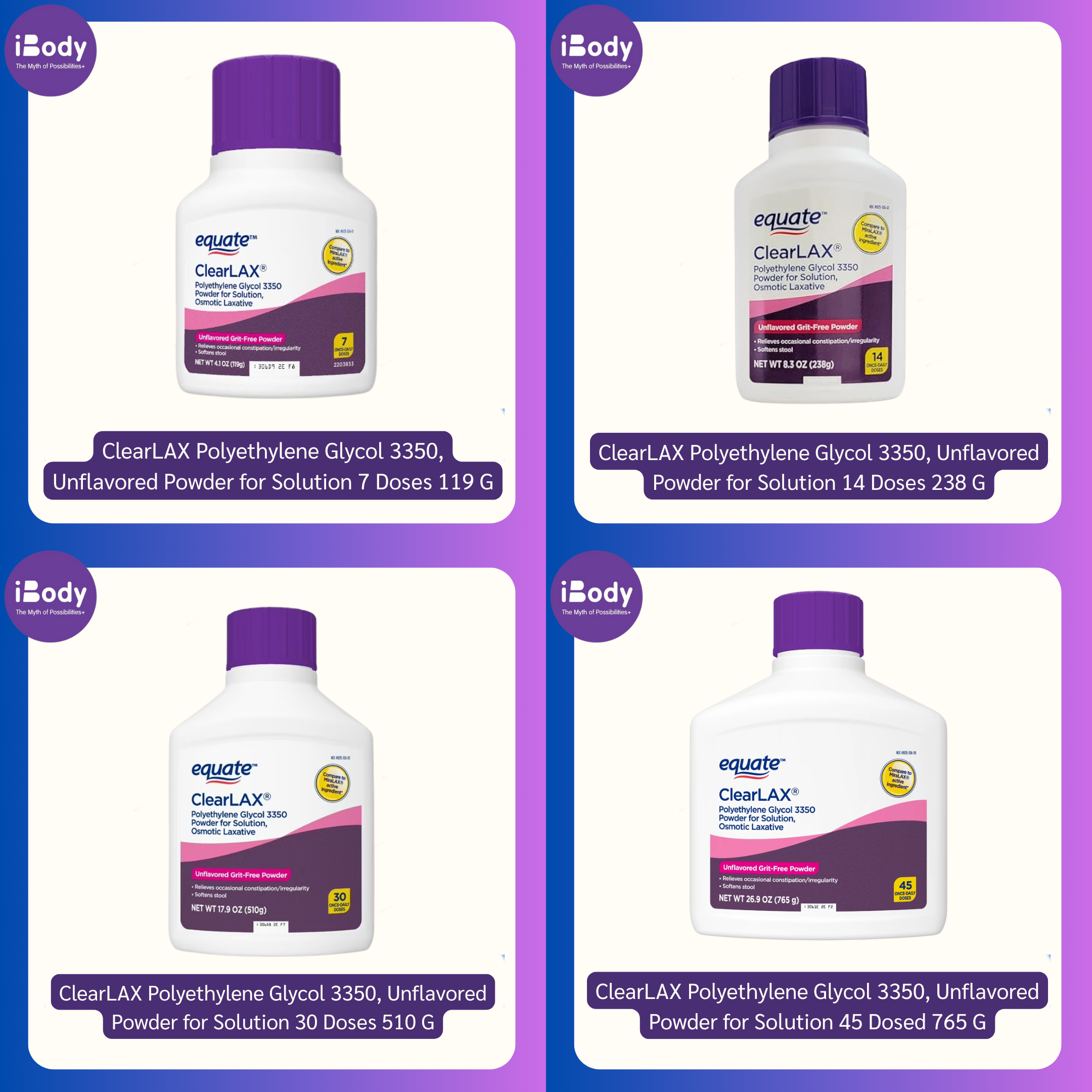40% Sale!!! Exp.10/2025 Equate® ClearLAX Polyethylene Glycol 3350, Unflavored Powder for Solution ผลิตภัณฑ์ลดอาการท้องผูก ชนิดผง